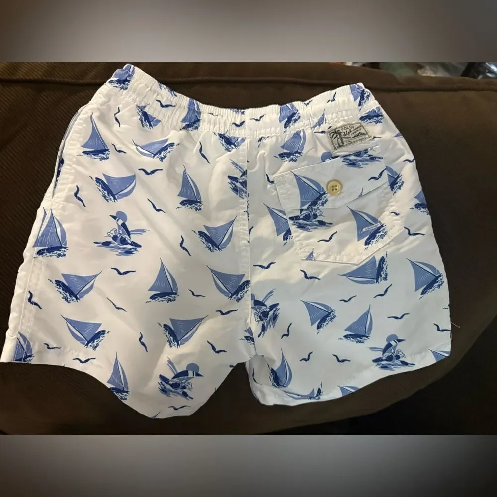 POLO RALPH LAUREN Traveler Polo Bear Swim Trunk Boys Size 7 Blue White